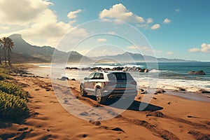 Modern silver SUV car rides on the sands of the seashore, rear view