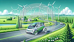 A modern silver unmanned electric car moves along the road in a picturesque green landscape. Lots of wind turbines and