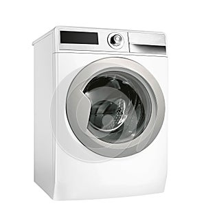 Modern silver washing machine isolated on white