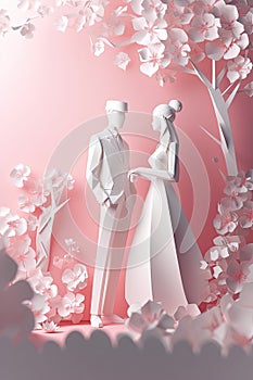 Modern simple art wedding invitation card. Couple, bride and groom in wedding dres and tuxedo AI generative