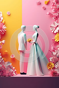 Modern simple art wedding invitation card. Couple, bride and groom in wedding dres and tuxedo AI generative