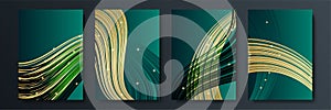 Modern simple dark green and gold glitter abstract geometric background with 3d stripes concept. Abstract wavy luxury dark green