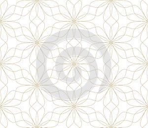 Modern simple geometric vector seamless pattern with gold flowers, line texture on white background. Light abstract