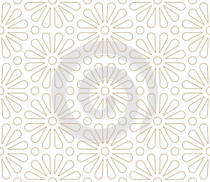 Modern simple geometric vector seamless pattern with gold flowers, line texture on white background. Light abstract