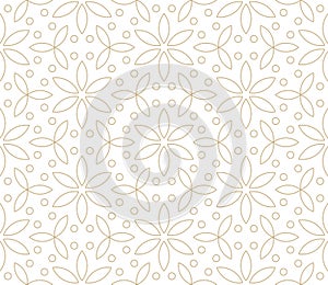 Modern simple geometric vector seamless pattern with gold flowers, line texture on white background. Light abstract