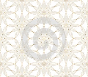 Modern simple geometric vector seamless pattern with gold flowers, line texture on white background. Light abstract photo