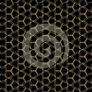 Modern simple geometric vector seamless pattern with gold line texture on black background.