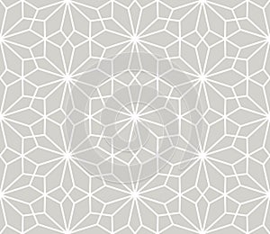 Modern simple geometric vector seamless pattern with white flowers, line texture on grey background. Light gray abstract