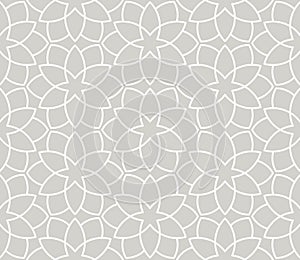 Modern simple geometric vector seamless pattern with white flowers, line texture on grey background. Light gray abstract