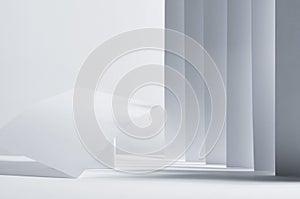 Modern simple geometric white grey abstract scene with stripes, perspective, light, shadow and asymmetry construction as podium.