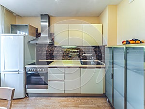 Modern simple interior of kitchen in apartment. Sink, oven and fridge. Real estate.