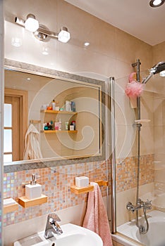 Modern simple interior in light apartments. Bathroom interior with glass door shower and mirror.