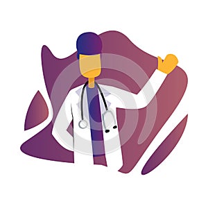 Modern simple vector occupation illustration of a male doctor with stetoscope inside a purple graphic