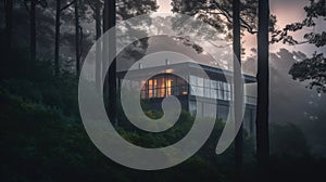 modern single house in the forest view at night generative AI