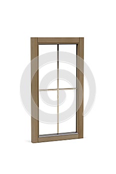 Modern single window with brown wooden frame isolated on white background
