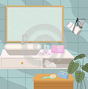 Modern sink table, mirror and bathtub furniture vector illustration. Bathroom interior design