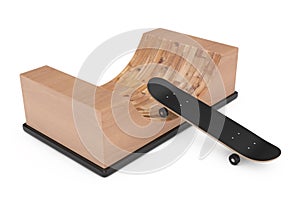 Modern Skateboard with Wooden Halfpipe Ramp. 3d Rendering