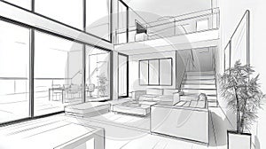 Modern sketch of a home interior with open plan layout
