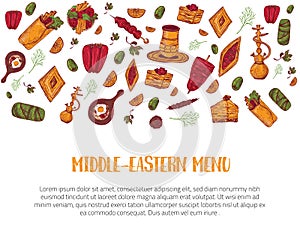 Modern sketch middle eastern menu banner sketch with Kebab, Dolma, Shakshuka, shisha. Freehand vector doodles isolated