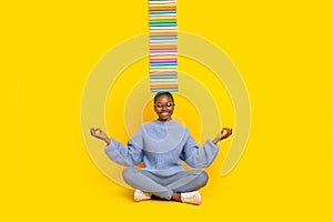 Modern sketch of scholar with textbook pile try balance free study time meditate om isolated on bright color background