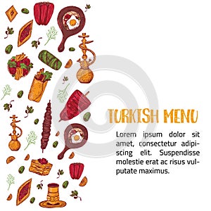 Modern sketch Turkish menu banner sketch with Kebab, Dolma, Shakshuka, shisha. Freehand vector doodles isolated on dark