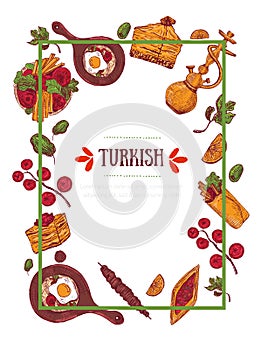 Modern sketch Turkish menu banner sketch with Kebab, Dolma, Shakshuka, shisha. Freehand vector doodles isolated on dark