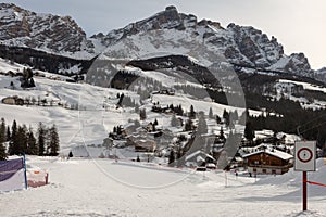 Modern Ski Lift Metallic Structrure in Italian Dolomites Alps in Winter Day with Snow