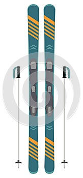 Modern ski and sticks isolated on white. Skiing equipment. Winter sports icon. Vector illustration in flat style.