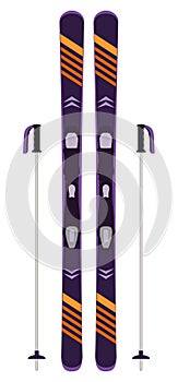 Modern ski and sticks isolated on white. Skiing equipment. Winter sports icon. Vector illustration in flat style.