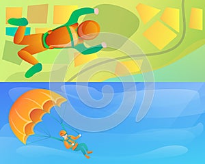 Modern skydivers banner set, cartoon style