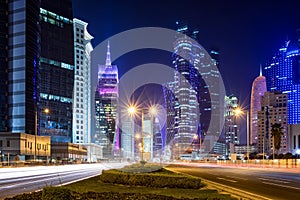 The modern skyline of the City Center Westbay in Doha by night