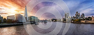 The modern skyline of London, United Kingdom during a sunset