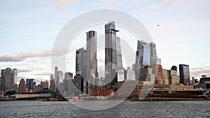 Modern skyline of Midtown Manhattan from a moving boat on the Hudson River