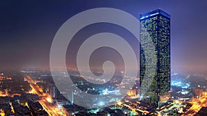 Modern Skyscraper Dominates the Illuminated Cityscape of Riyadh, Saudi Arabia at Night