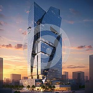 A modern skyscraper featuring a unique, angular design. The building is composed of