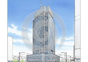 Modern skyscraper with a geometric glass facade featuring diagonal