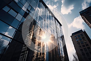 modern skyscraper with reflection of the sun shining in windows