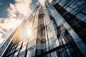 modern skyscraper with reflection of the sun shining in windows