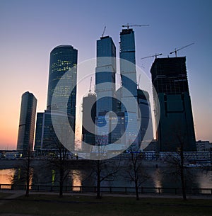 Modern skyscrapers business centre at sunset