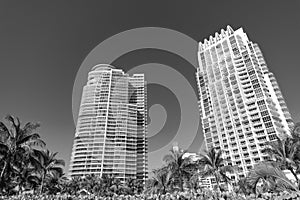 Modern skyscrapers high-rise buildings architecture and palms on blue sky in South Beach, USA