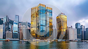 Modern skyscrapers in Hong Kong at dusk with reflection on water