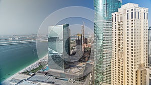 Modern skyscrapers in Jumeirah beach residence in Dubai, JBR aerial timelapse