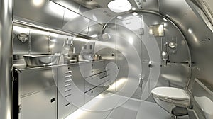 Modern, sleek airstream trailer bathroom interior. Compact, stylish design with metal finish. Ideal for travel and small