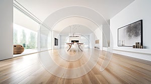 Modern, sleek apartment with clean white walls and beautiful hardwood floors.