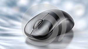 Modern sleek black computer mouse on a reflective surface
