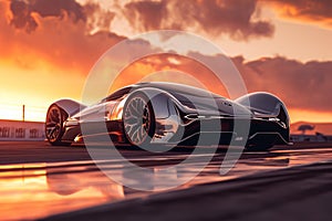 A modern and sleek car of the future is captured on a runway, bathed in the warm light of a beautiful sunset, A sleek, silver