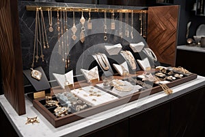 modern and sleek jewelry display featuring a mix of silver, gold, and diamond pieces