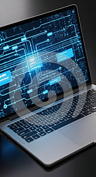 Futuristic Laptop with AI Network Data Display
