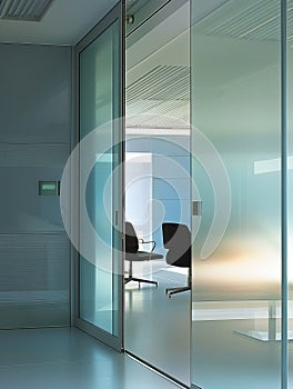 A modern sliding glass door that serves as the main entry to a sleek office, featuring a discrete lock and a stylish handle,