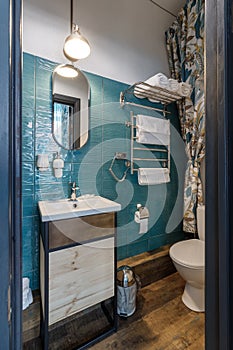Modern small bathroom interior design. Blue style